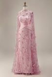 Mermaid Pink Illusion Neck 3D Floral Evening Dress with Cape Sleeves