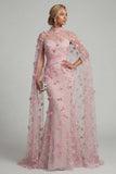 Pink Illusion Neck Mermaid Floral Mother of the Bride Dress with Cape Sleeves