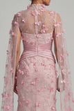Pink Illusion Neck Mermaid Floral Mother of the Bride Dress with Cape Sleeves