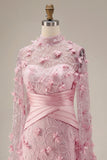 Mermaid Pink Illusion Neck 3D Floral Evening Dress with Cape Sleeves