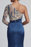 Sparkly Navy One-Shoulder Mermaid Mother of the Bride Dress