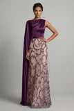 Sparkly Dark Purple Mermaid Satin Mother of the Bride Dress with Side Cape