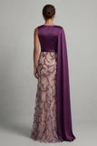 Sparkly Dark Purple Mermaid Satin Mother of the Bride Dress with Side Cape