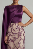 Sparkly Dark Purple Mermaid Satin Mother of the Bride Dress with Side Cape