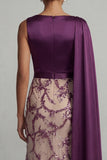 Sparkly Dark Purple Mermaid Satin Mother of the Bride Dress with Side Cape
