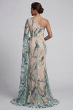 Sparkly One Shoulder Light Blue Mermaid Mother of the Bride Dress with Side Cape