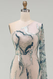 Sparkly One Shoulder Light Blue Mermaid Mother of the Bride Dress with Side Cape