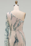 Sparkly One Shoulder Light Blue Mermaid Mother of the Bride Dress with Side Cape
