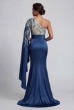One Shoulder Navy Mermaid Mother of the Bride Dress with Cape Sleeves