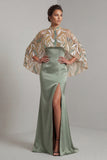 Light Green Satin Mermaid Mother of the Bride Dress with Detachable Cape