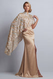 Champagne Mermaid Satin Mother of the Bride Dress with Detachable Cape