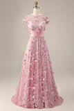 Pink A Line Short Sleeve Mother Of Bride Dress with 3D Flowers