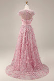 A-Line Pink Short Sleeve Beaded Long Prom Dress with 3D Flowers