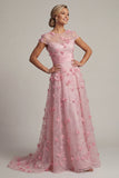 Pink A Line Short Sleeve Mother Of Bride Dress with 3D Flowers