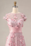 A-Line Pink Short Sleeve Beaded Long Prom Dress with 3D Flowers