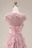 A-Line Pink Short Sleeve Beaded Long Prom Dress with 3D Flowers