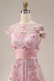 A-Line Pink Short Sleeve Beaded Long Prom Dress with 3D Flowers