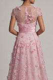 Pink A Line Short Sleeve Mother Of Bride Dress with 3D Flowers