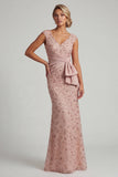 Beaded Blush V Neck Mermaid Mother Of Bride Dress