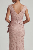 Beaded Blush V Neck Mermaid Mother Of Bride Dress