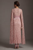Beaded Blush Sheath Mother Of Bride Dress with Cap Sleeves