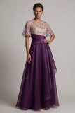 Floral Dark Purple Short Sleeve A Line Mother Of Bride Dress