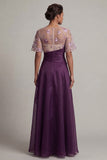 Floral Dark Purple Short Sleeve A Line Mother Of Bride Dress