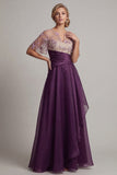 Floral Dark Purple Short Sleeve A Line Mother Of Bride Dress