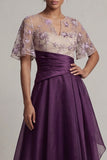 Floral Dark Purple Short Sleeve A Line Mother Of Bride Dress