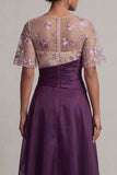 Floral Dark Purple Short Sleeve A Line Mother Of Bride Dress