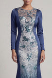 Sequins Navy Long Sleeves Mermaid Mother Of Bride Dress