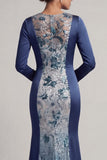 Sequins Navy Long Sleeves Mermaid Mother Of Bride Dress