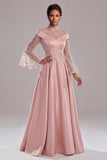 Appliqued Pink Long Sleeve A Line Mother Of Bride Dress