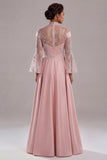 Appliqued Pink Long Sleeve A Line Mother Of Bride Dress