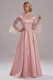 Appliqued Pink Long Sleeve A Line Mother Of Bride Dress