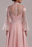 Appliqued Pink Long Sleeve A Line Mother Of Bride Dress