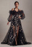 Cold Shoulder Black Sequin A Line Mother Of Bride Dress with Slit