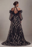 Cold Shoulder Black Sequin A Line Mother Of Bride Dress with Slit