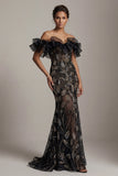 Off The Shoulder Black Sequin Mermaid Mother Of Bride Dress