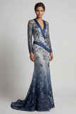 Floral V Neck Mermaid Navy Appliqued Mother Of Bride Dress