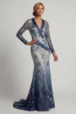 Floral V Neck Mermaid Navy Appliqued Mother Of Bride Dress