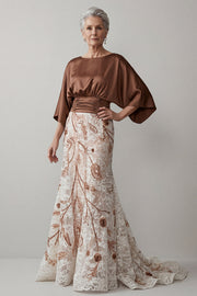 Coffee 3/4 Sleeves Appliqued Mermaid Mother of the Bride Dress