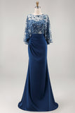 Floral Navy Sparkly Sequin Mermaid Long Ruched Mother of the Bride Dress