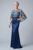 Floral Navy Sparkly Sequin Mermaid Long Ruched Mother of the Bride Dress