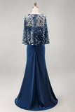 Floral Navy Sparkly Sequin Mermaid Long Ruched Mother of the Bride Dress