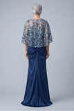 Floral Navy Sparkly Sequin Mermaid Long Ruched Mother of the Bride Dress