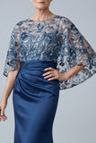Floral Navy Sparkly Sequin Mermaid Long Ruched Mother of the Bride Dress
