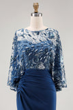 Floral Navy Sparkly Sequin Mermaid Long Ruched Mother of the Bride Dress