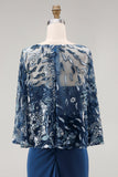 Floral Navy Sparkly Sequin Mermaid Long Ruched Mother of the Bride Dress