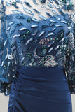 Floral Navy Sparkly Sequin Mermaid Long Ruched Mother of the Bride Dress